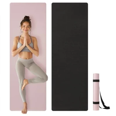 Imagen de Navaris Esterilla Yoga Antideslizante Pilates Deporte de Doble Cara 4 mm Mat con Correa Transporte Colchoneta Viaje 183 x 61 cm Rosa y negro