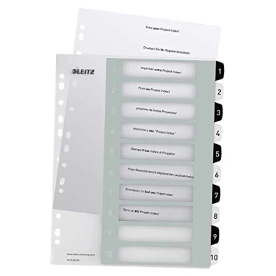 Imagen de Leitz Índice 1 10, Imprimible con Ordenador, A4, Extra Ancho, Plástico Rígido, Blanco/Negro, Gama WOW, 12150000