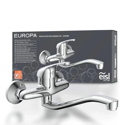Imagen de EISL NI161EUCR EUROPA grifo de pared cromado, mezclador fregadero 360, ideal para fregaderos dobles, pared, cocina/fregadero