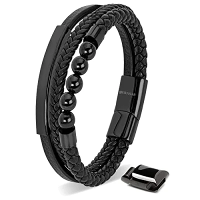 Imagen de SERASAR Regalos Hombre Pulsera 17cm Negro Joyerã&quot;a Chico Pulseras Hombres Brazalete Brazaletes Pulso Muñequera Bisuteria Bisutería Joyeria Nudos Cuerda Cuerdas Bracelet Men Jewellery Ancha