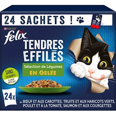 Imagen de FELIX Tiernas Afiladas en Jalea Gato Adulto Selección de Carne, Salmón, Pollo y Trucha con Verduras Lote 24 x 85 g Bolsa Fresca