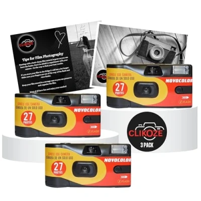 Imagen de Paquete de cámara desechable con cámaras película Novocolor APM401010 un solo uso 27 exposiciones x3 y tarjeta puntas fotografía desechables Clikoze