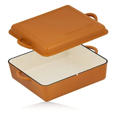 Imagen de Mahlzeit Olla de hierro fundido esmaltada 10,8 litros Sunny Orange Cazuela 2 en 1 con sartén tapa apta para horno, inducción