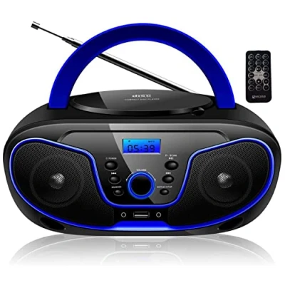 Imagen de Reproductor de CD portátil Boombox CD/CD R USB Radio FM Entrada AUX Toma para Auriculares Infantil Canal estéreo Sistema Compacto (Dark Blue)