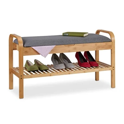 Imagen de Relaxdays Banco Zapatero, para 4 Pares de Zapatos, 50x90x33cm, Asiento Acolchado y Espacio Almacenaje, Natural Gris, Bambú