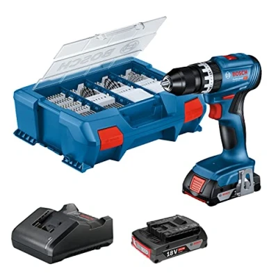 Imagen de Bosch Professional 18V System GSB 45 Taladro percutor a batería (Brushless, Nm, 1900 rpm, 2 baterías x 2.0 Ah, set 82 accesorios, en maletín Pick &amp; Click)