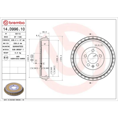 Imagen de BREMBO 14.D996.10 Tambor de Freno 228,4