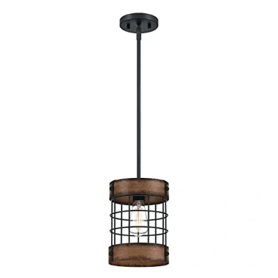 Imagen de Westinghouse iluminación 6117940 Lámpara colgante para interiores de un solo brazo Langston, estilo vintage, acabado negro mate con detalles madera granero, pantalla en forma jaula