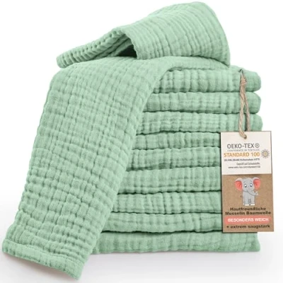 Imagen de LAYNENBURG Lote de 10 paños para eructar bebé Muselina Extra Suave 100% algodón 30x50cm Oeko Tex 100 como pañales o Tela (Verde Menta)