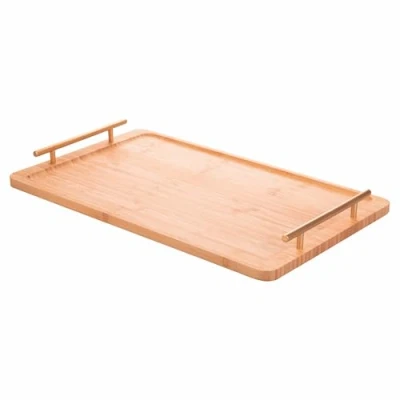 Imagen de Bandeja Rectangular de bambú, 50 x 30 cm, Asas Doradas, Natural
