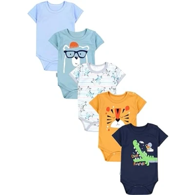 Imagen de TupTam Body Bebé Pack de 5 Bodies Niño 0 3 Meses 100% Algodón Transpirable, Cocodrilo/Azul oscuro/Tigre/Amarillo mostaza/Cebra/Azul, 98