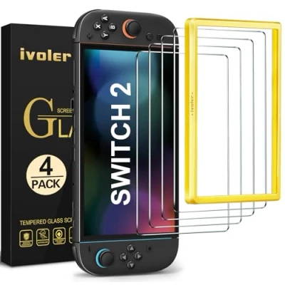 Imagen de ivoler 4 Piezas Protector Pantalla para Nintendo Switch 2 Model 2025, Incluye Marco de Instalación Fácil, Cristal Vidrio Templado Premium