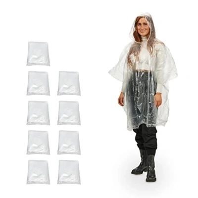 Imagen de Relaxdays 10 Chubasqueros, Capa Lluvia Capucha, Poncho Impermeable Desechable, Hombre y Mujer, PE, Transparente, 1 Set