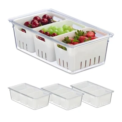 Imagen de Relaxdays Juego frigorífico Organizador Nevera, Set 4, Apilable, 3 Cestas Escurridoras, Almacenaje Alimentos con Tapa, Transparente/Blanco, 10 x 32 17,5 cm