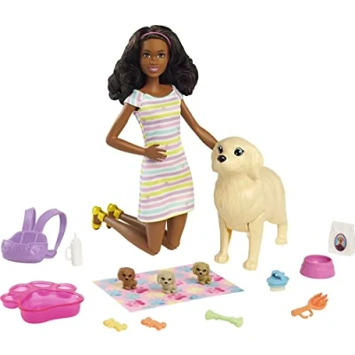 Imagen de Barbie Perritos recién Nacidos, muñeca Morena con Perrito y Accesorios de Juguete, Regalo para niñas niños +3 años (Mattel HCK76)