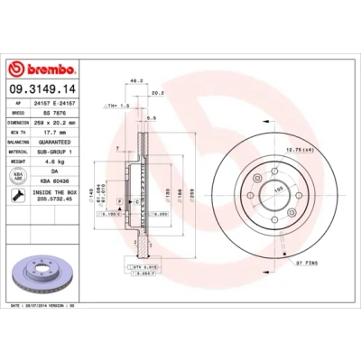 Imagen de BREMBO 09.3149.14 Disco de freno 259 20,2 4 ventilación interna con tornillos RENAULT: 25, 18 Berlina