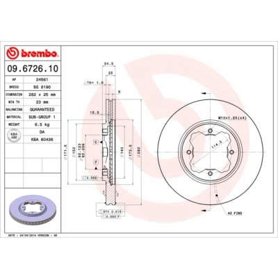 Imagen de BREMBO 09.6726.10 Disco de freno 282 25 4 ventilación interna
