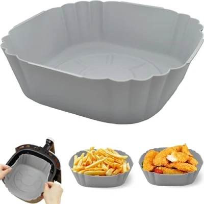 Imagen de Olla de Silicona para Freidora Aire, Cesta Molde Airfryer Reutilizable Accesorios sin Aceite Fuente 3 a 4,5L Cuadrada Antiadherente, Microondas Horno Bandeja 20 cm