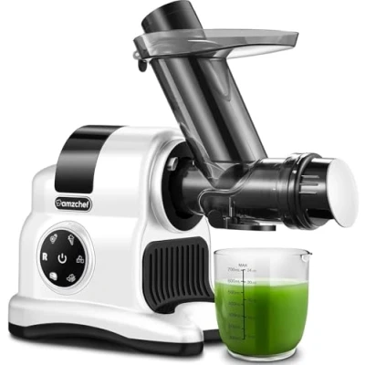 Imagen de AMZCHEF Extractor de Zumos y Verduras 80MM Wide Chute 150W Licuadora para Frutas Prensado en Frio con 2 Modos Velocidad Función Inversa Blanco
