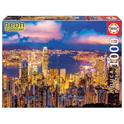 Imagen de Educa Puzzle de 1000 Piezas para Adultos Hong Kong con Efecto Neon Que Brilla en la Oscuridad. Incluye Pegamento Fix Puzzle. A Partir 14 años (18462)