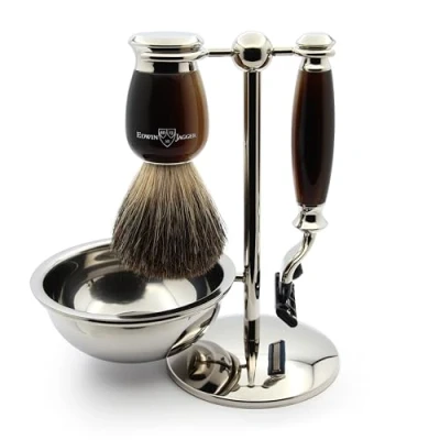 Imagen de Edwin Jagger S81M582BAMZ Set de Afeitado Clásico Imitación Cuerno Ligero y Níquel con Cazoleta Brocha Afeitar Tejón Puro Maquinilla Mach 3 para Crema o Jabón Hombre