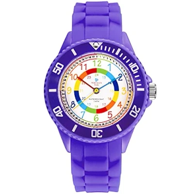 Imagen de Alienwork Kids Reloj de Aprendizaje Infantil Niña Violeta Pulsera Silicona Abigarrado niños Impermeable 5 ATM Tiempo Aprender