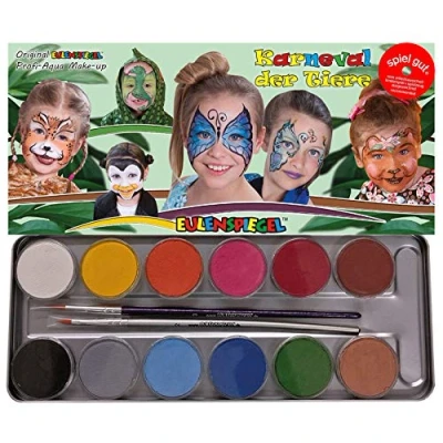 Imagen de Eulenspiegel 212226 Paleta metálica Carnaval de los Animales, 12 colores maquillaje profesional aqua, 2 pinceles profesionales, 3 almohadillas esponja