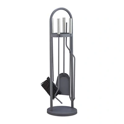 Imagen de Relaxdays Kit de Chimenea Moderna, Cinco Accesorios, Pala, Escoba, Pinzas, Atizador &amp; Soporte, Gris, Acero