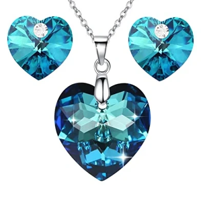Imagen de Crystalline Azuria 925 Plata de Ley Amor Cristales Azul Corazón Juego joyas Collar con Colgante 45 cm Pendientes para Mujer y Niña