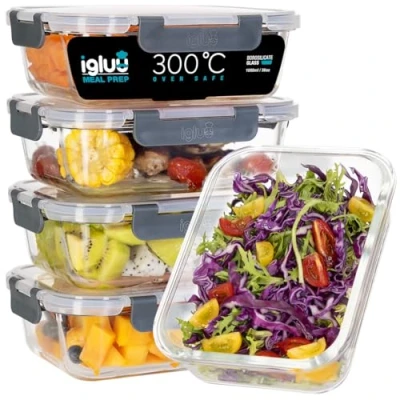 Imagen de Igluu Meal Prep Contenedores de Vidrio (paquete 5) Recipientes aptos para microondas, horno, congelador y lavavajillas almacenamiento alimentos con tapas (1050 ml 36 oz)