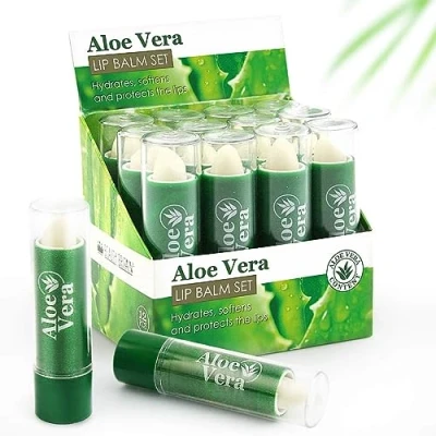 Imagen de Juego de 72 bálsamos labiales Aloe Vera larga duración hidratante cuidado labial unisex tamaño completo caja exhibición Reino Unido, bálsamo al por mayor