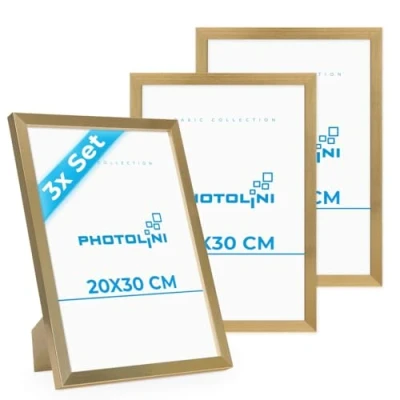 Imagen de PHOTOLINI marcos 20x30 cm oro madera MDF, set de 3 para pósteres, cristal acrílico, colgar y poner pie, incluye accesorios fotos, láminas pósteres
