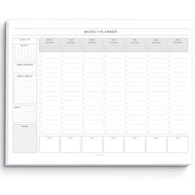 Imagen de bloc de notas semanal por hora, planificador diario, agenda semanal, lista tareas, TDAH, 50 hojas extraíbles sin fecha, A4 (mono)