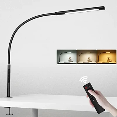 Imagen de EYOCEAN lámpara de escritorio LED, cuello cisne flexible con pinza, brillo y temperatura color ajustables, control táctil, mesa mando a distancia, 12W