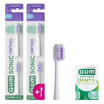 Imagen de GUM SONIC ORTHO Cabezales de Recambio para el cepillo dientes sónico Suave con y encías x2 Packs 2 (x4 recambios en total) +1 muestra extra Blanco
