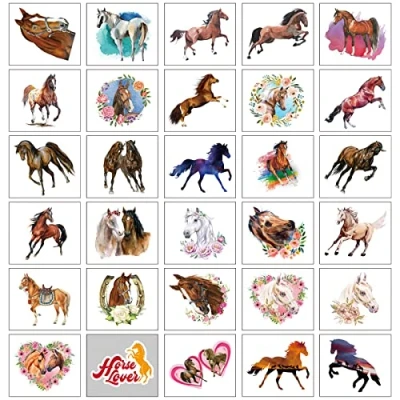 Imagen de GEBETTER 30 Hojas Tatuajes Temporales Caballos 60x69 mm Regalo Niños Adultos, Tattoos Infantiles Impermeables, Fiesta Cumpleaños Verano Navidad Chicos Chicas
