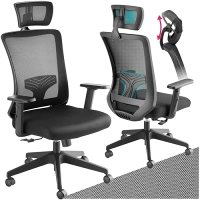 Imagen de TecTake® Silla Oficina Giratoria 360, Alto Respaldo con Reposacabezas, Apoyo Lumbar, Escritorio Amortiguador de Gas, Tejido Malla Transpirable, Ergonomica Negro