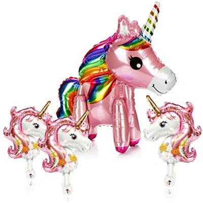 Imagen de com four® Juego de Globos 4 Piezas Unicornios Papel Aluminio Unicornio en Dos tamaños (Juego 1x Grande + 3X pequeño)