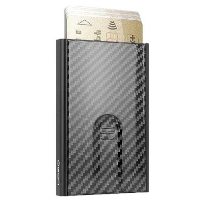 Imagen de Portatarjetas de Aluminio Slider Ögon Design Bloqueo RFID La Cartera automática Minimalista Delgada Original para Hombres y Mujeres (Fibra Carbon)