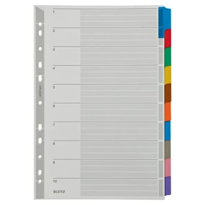 Imagen de Leitz A4 10 Separador de Pestañas Blanco, Reforzadas con Mylar y Orificios, Cartón Resistente, Gris, 43210000