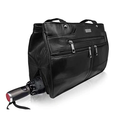Imagen de Quenchy London QL172M Bolso de cuero para mujer con 9 bolsillos, compartimento paraguas, 3 secciones principales grandes, tamaño mediano, color negro, Piel vaca granulada, Medium