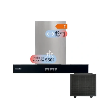 Imagen de UNIVERSALBLUE Campana T Decorativa con Frontal en Cristal Negro Potencia 550 m3/h Extractor de Humos Eléctrico 60cm Extractora Pared para Cocina