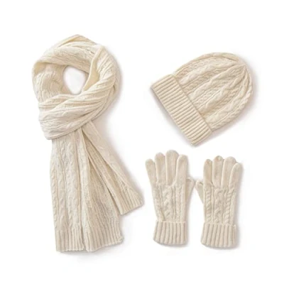Imagen de Villand gorro de lana para mujer 3 en 1, guantes y bufanda, juego invierno, piezas, punto cable con caja regalo (Beige)