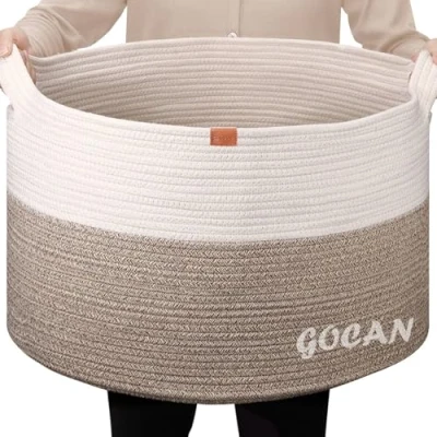 Imagen de GOCAN XXXL cesta de lavandería almacenamiento D55XH35cm tapizada para ropa salón con asas juguetes, almohadas, gris blanco redondo yute