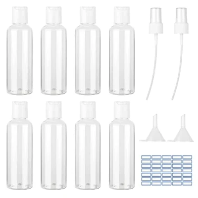 Imagen de Juego de 8 botellas viaje 100 ml transparentes, vacías plástico cosmético con 2 cabezales pulverización y embudo para vuelo gel ducha viajes