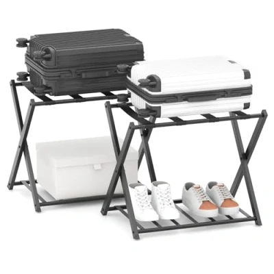 Imagen de COSTWAY Soportes para Maletas Plegable, Estante Bastidor Equipaje de Metal con 4 Correas Hogar Hotel, Portaequipajes Plegable Maleta, Reposa 68 x 43 58 cm (2, negro)