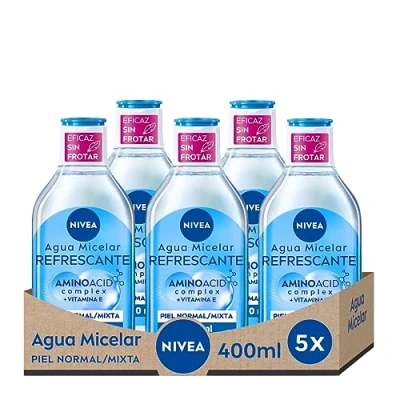 Imagen de NIVEA Agua micelar Refrescante Piel Normal/Mixta en pack de 5 (5 x 400 ml), desmaquillante para limpieza facial con vitamina E, desmaquillador ojos y rostro