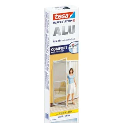 Imagen de tesa® Insect Stop ALU Comfort, Mosquitera XL para Puertas, Marco de Aluminio Ajustable, Montaje Sencillo con Tecnología Easy Fit, Sin Perforaciones, 120 cm x 240 cm, Blanco