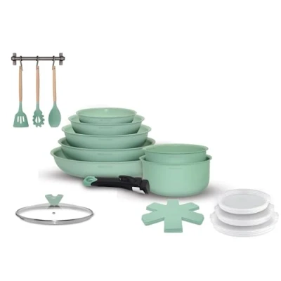Imagen de Arthur Martin, AMV18, batería de cocina aluminio 18 piezas con revestimiento grip, tapas vidrio y utensilios madera, compatible todas las fuentes calor, tamaño 20 22 26 cm, Verde