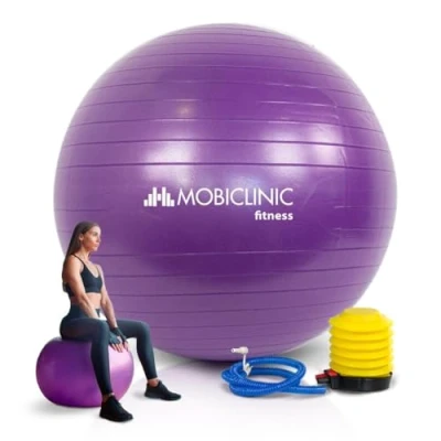 Imagen de Mobiclinic, Pelota de Pilates, 58 cm, Incluye inflador, Antideslizante, Anti pinchazos, Lavable, Balón, para Fitness, Deporte, Embarazada, Py 01, Entrenamiento, Morado